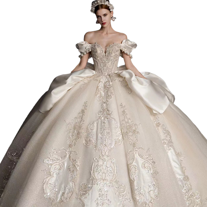 off-Shoulder French Royal Style Retro Wedding Dress