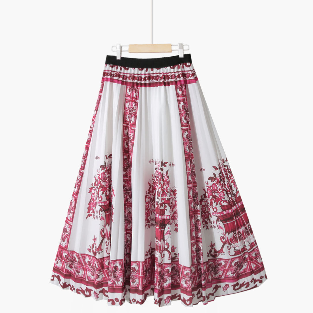 Summer Retro Blue and White Porcelain Printed Mid Length Pleated Skirt