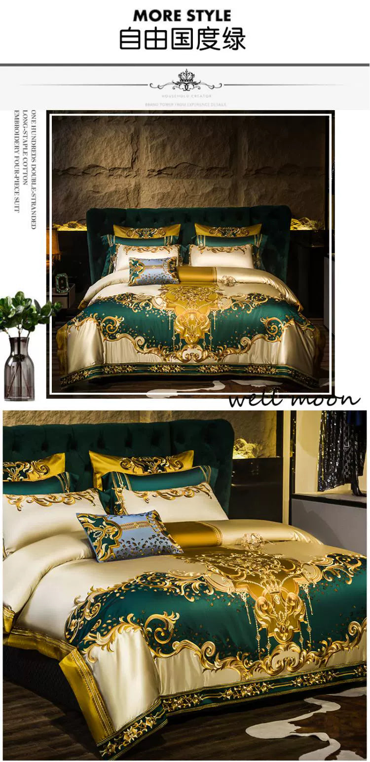 European Luxury Embroidery Palace Pure Cotton Satin Silk Bedding Set 6-10 PCs Set