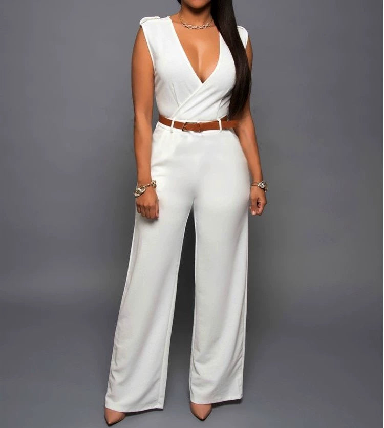 V-neck Wide-leg Pants Irregular Suit With Belt Playsuit