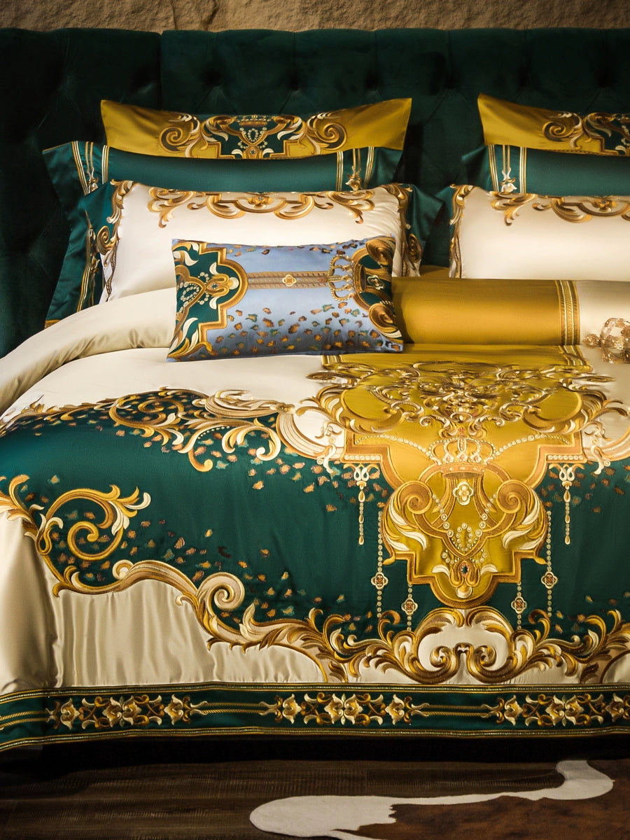 European Luxury Embroidery Palace Pure Cotton Satin Silk Bedding Set 6-10 PCs Set