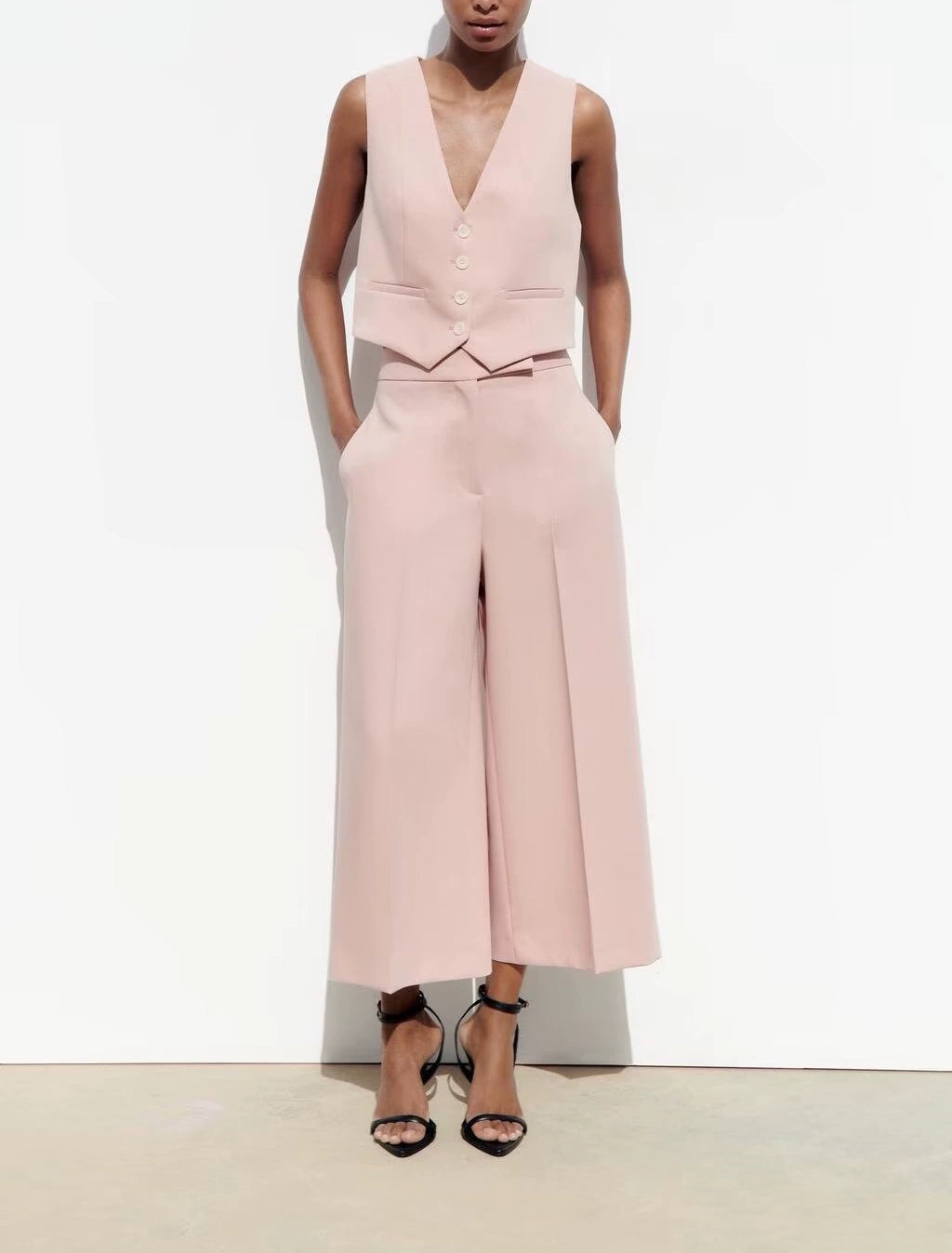 Spring High Waist Loose Pants Pants and Sleeveless V Neck Short Vest