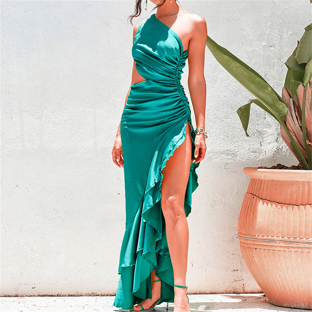 Women's Elegant Slant Shoulder Lotus Leaf Dress One Shoulder