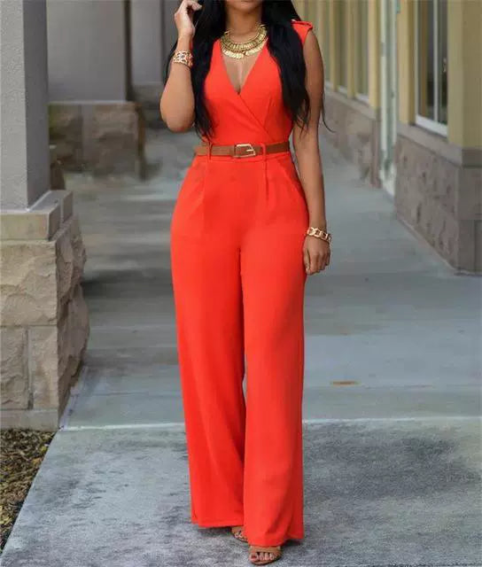 V-neck Wide-leg Pants Irregular Suit With Belt Playsuit