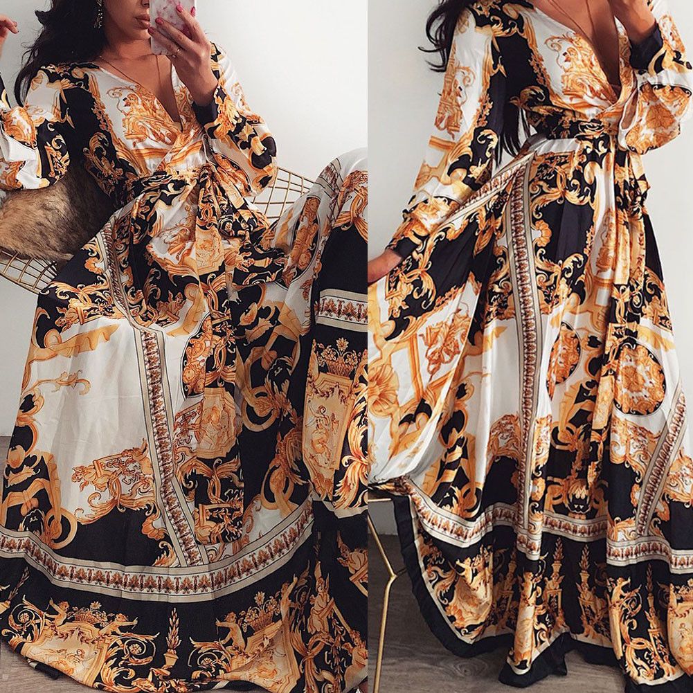 Elegant Print Maxi Dress V-neck Long Sleeve