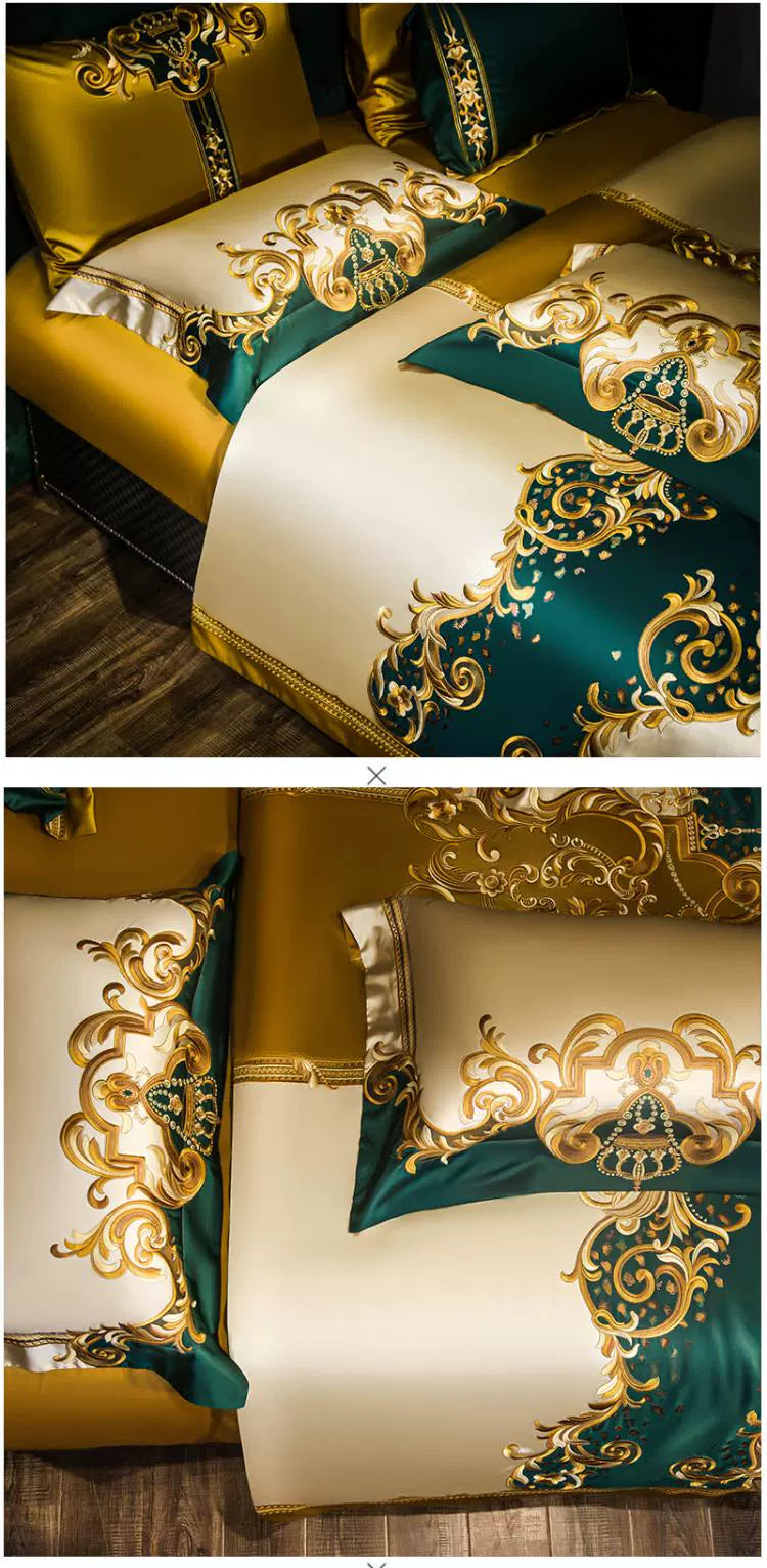 European Luxury Embroidery Palace Pure Cotton Satin Silk Bedding Set 6-10 PCs Set