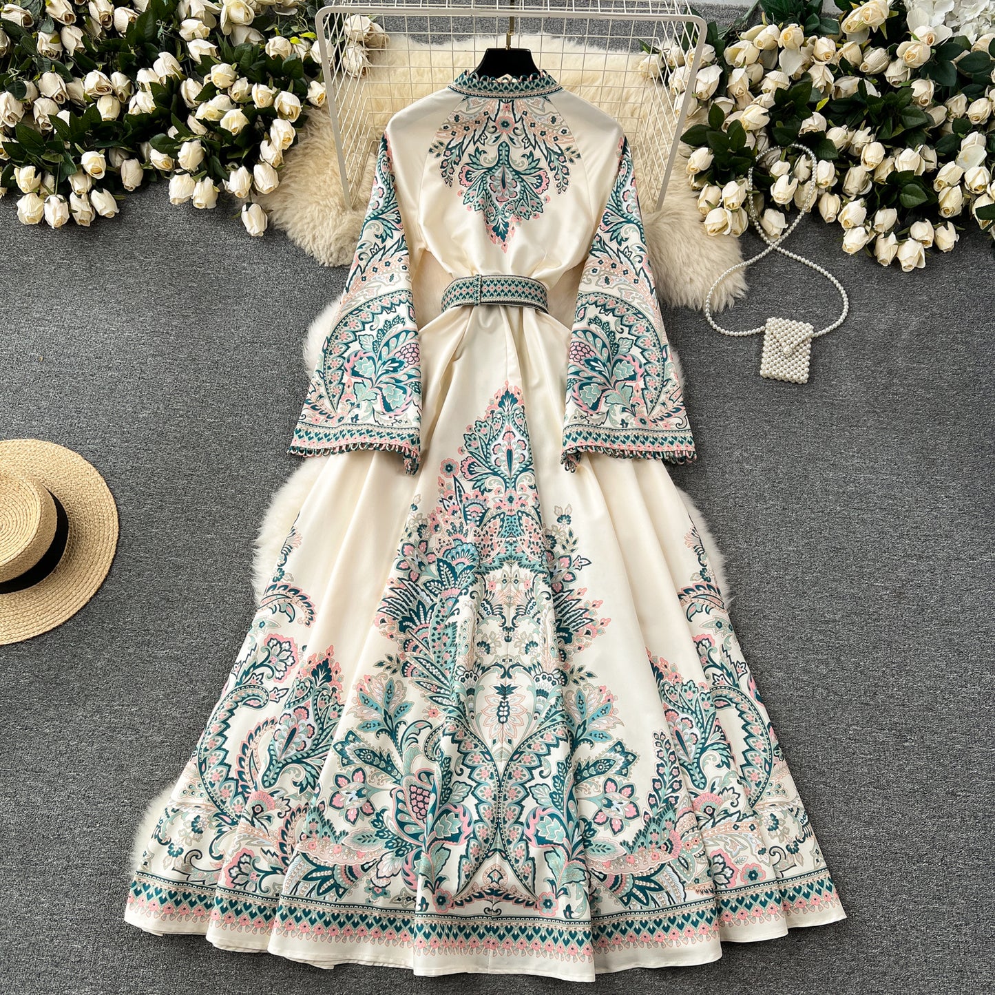 Vintage Print Robe Paisley Maxi Dress Lantern Sleeve
