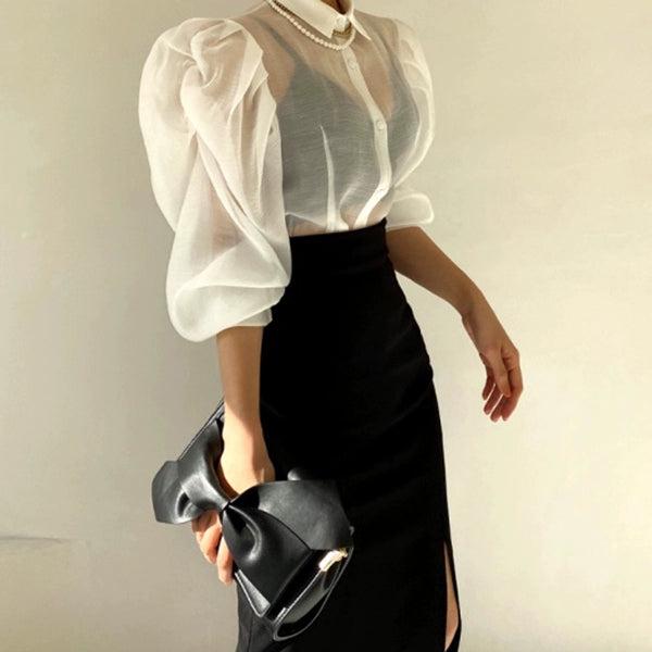 Elegant Chic Transparent Puff Sleeve Shirt Blouse