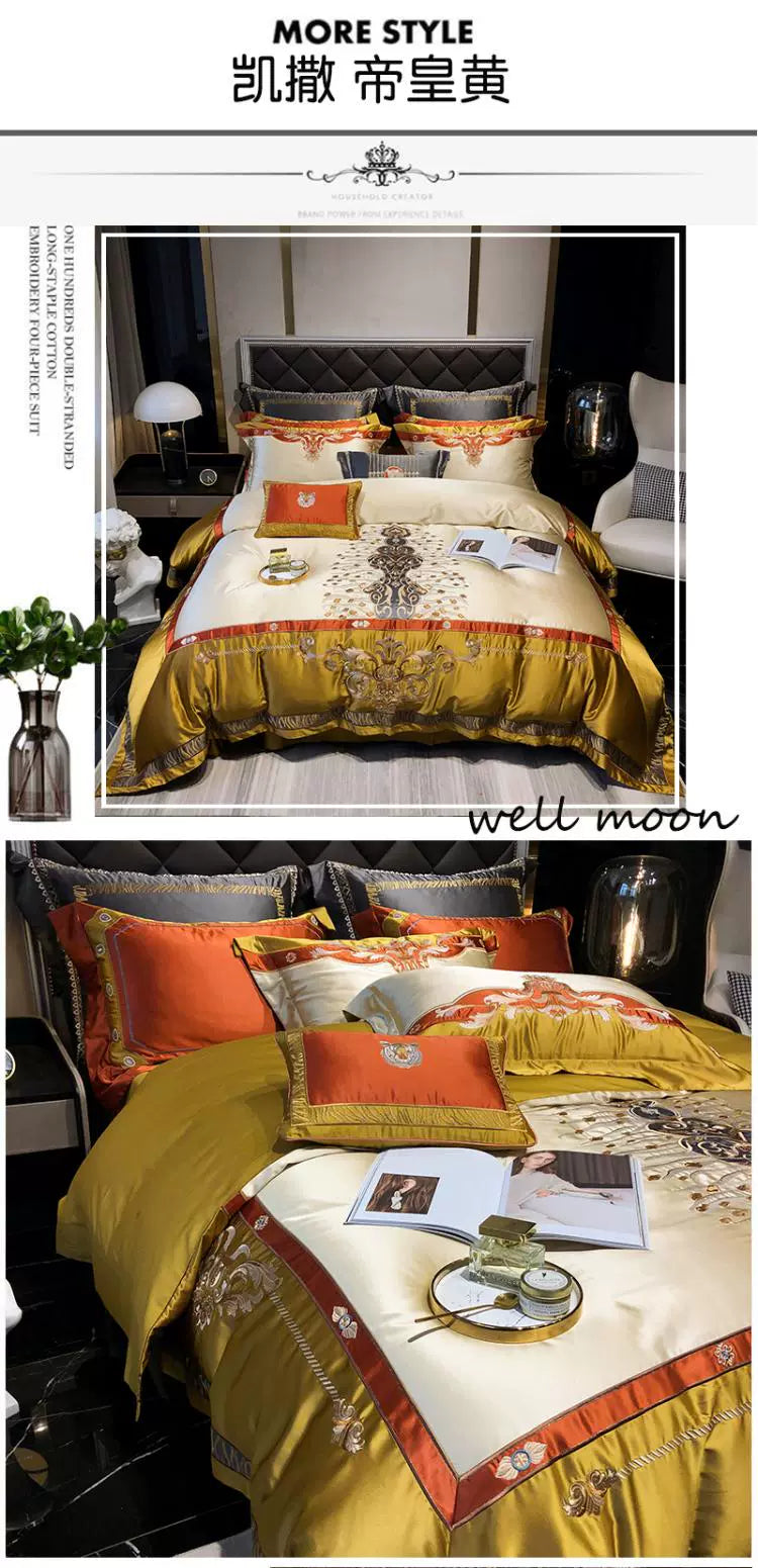 European Luxury Embroidery Palace Pure Cotton Satin Silk Bedding Set 6-10 PCs Set