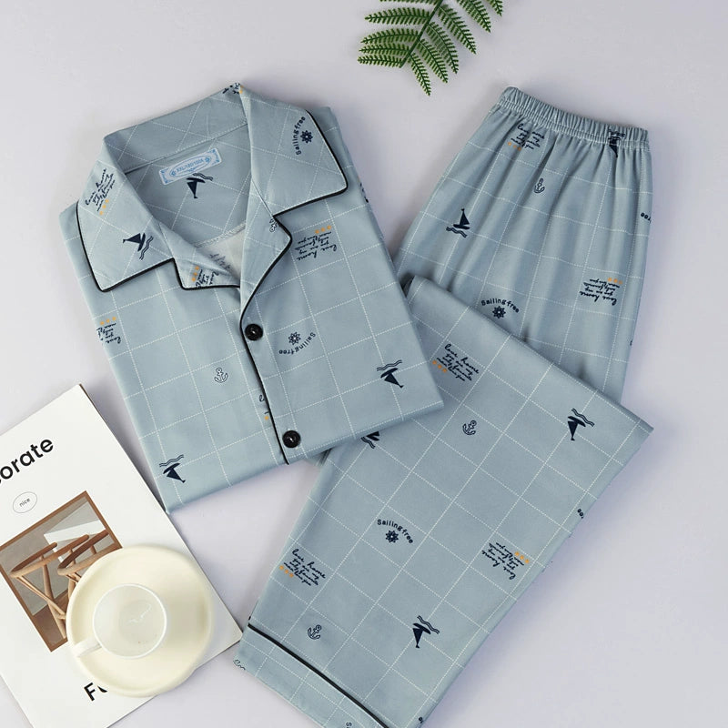 Men's Pajamas Sleepwear Long Sleeves Pants Two-piece Set Pure Cotton