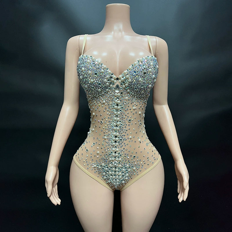 Rhinestone Diamond Ultra Short Bra Collar Jumpsuits