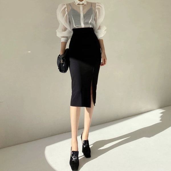 Elegant Chic Transparent Puff Sleeve Shirt Blouse