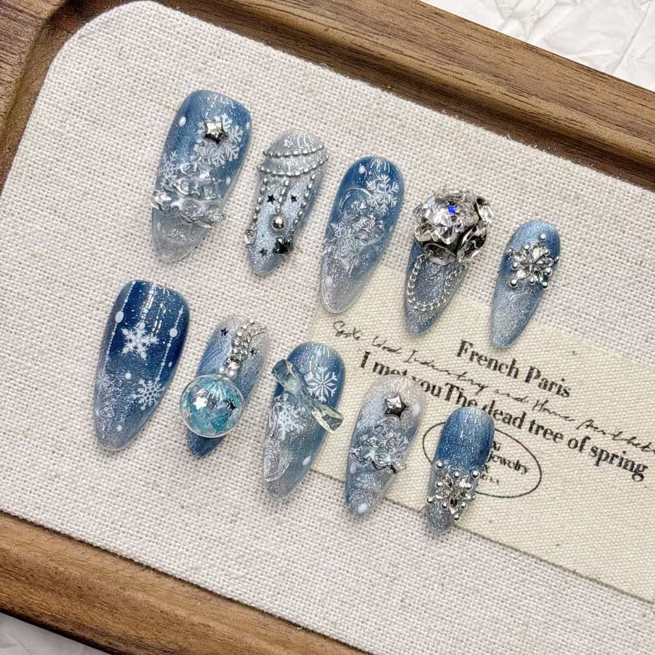 Blue snowflake autumn and winter Christmas handmade short almond pure handmade nail art