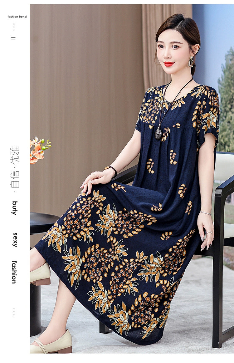 Noble over-the-Knee Middle-Aged Ladieswear Large Swing Noil Poplin Dress