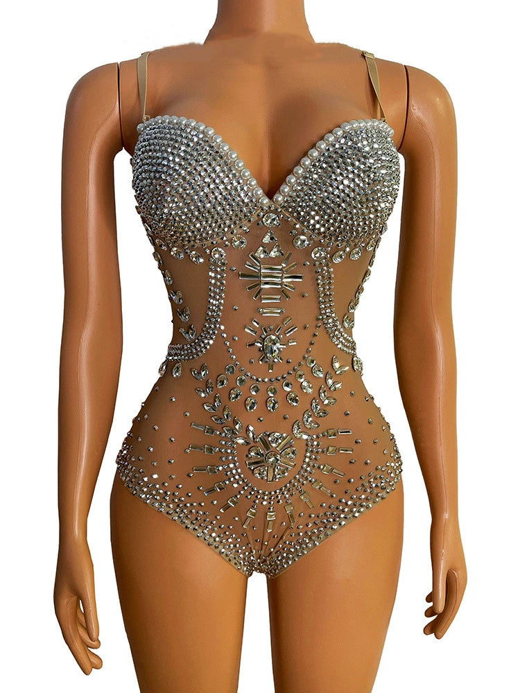 Rhinestone Diamond Ultra Short Bra Collar Jumpsuits
