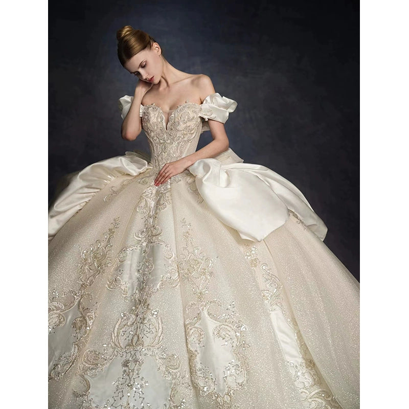 off-Shoulder French Royal Style Retro Wedding Dress