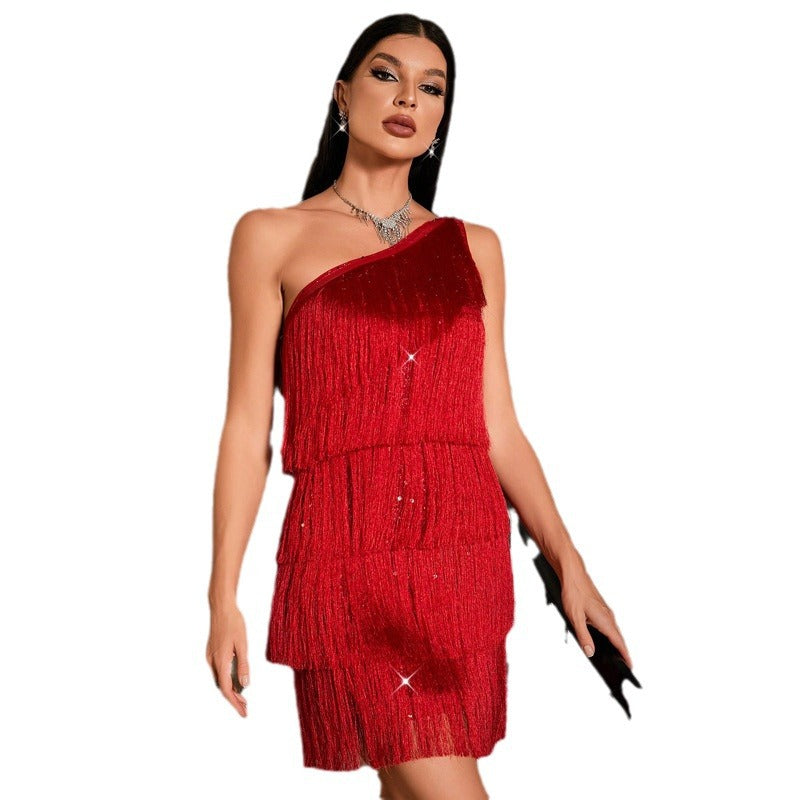 One Shoulder Sequin Tassel Cocktail Party Dress Party Dress Short Skirt
