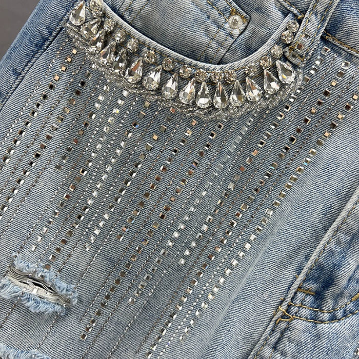 Ripped Wide-Leg Diamond Jeans Female Summer High Waist Loose Slim