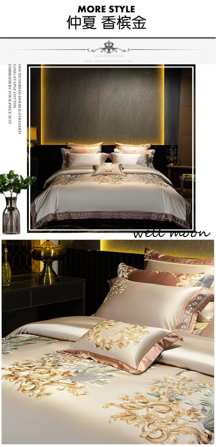 European Luxury Embroidery Palace Pure Cotton Satin Silk Bedding Set 6-10 PCs Set