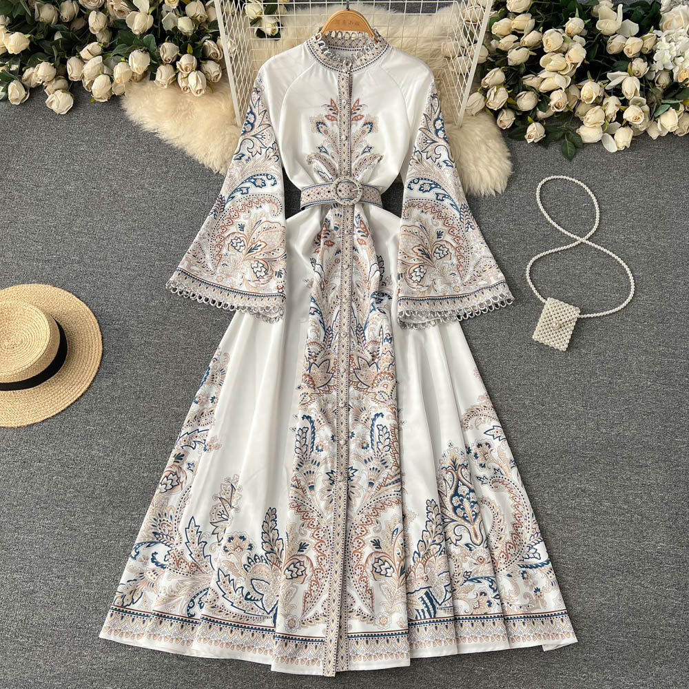 Vintage Print Robe Paisley Maxi Dress Lantern Sleeve