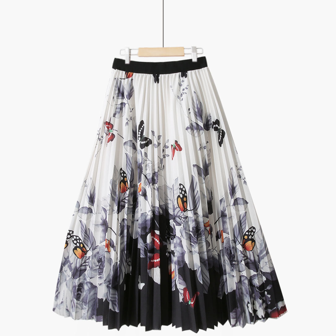 Summer Retro Blue and White Porcelain Printed Mid Length Pleated Skirt