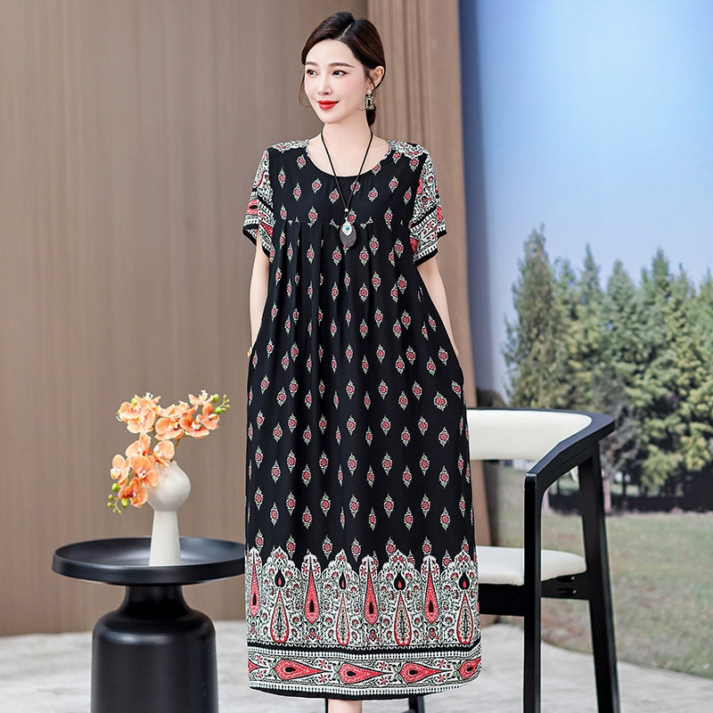 Noble over-the-Knee Middle-Aged Ladieswear Large Swing Noil Poplin Dress