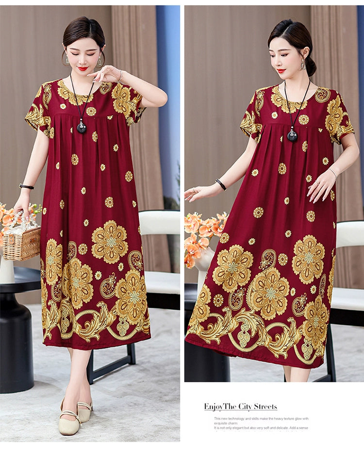 Noble over-the-Knee Middle-Aged Ladieswear Large Swing Noil Poplin Dress