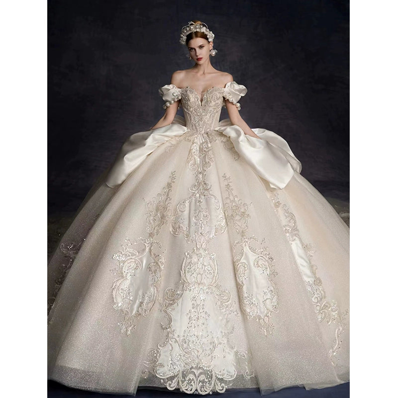 off-Shoulder French Royal Style Retro Wedding Dress