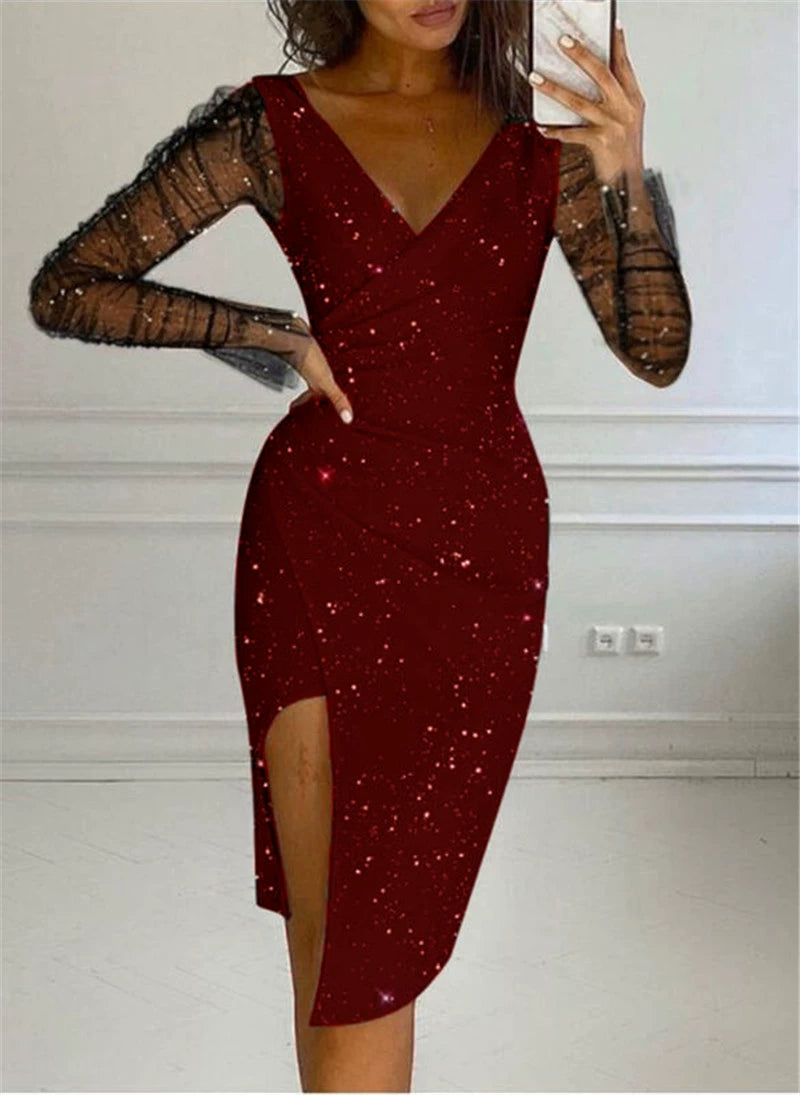 Women's Fashion Rhinestone V Neck Sheath Sexy Mesh Dress