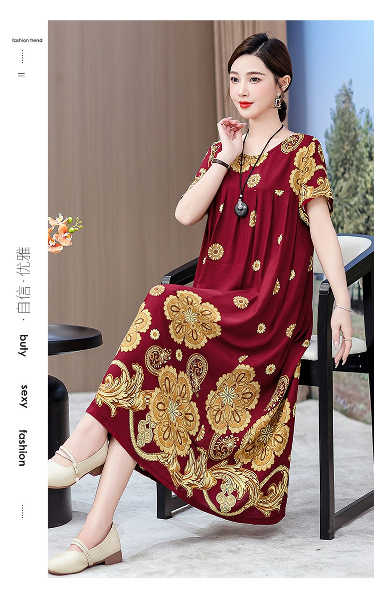 Noble over-the-Knee Middle-Aged Ladieswear Large Swing Noil Poplin Dress