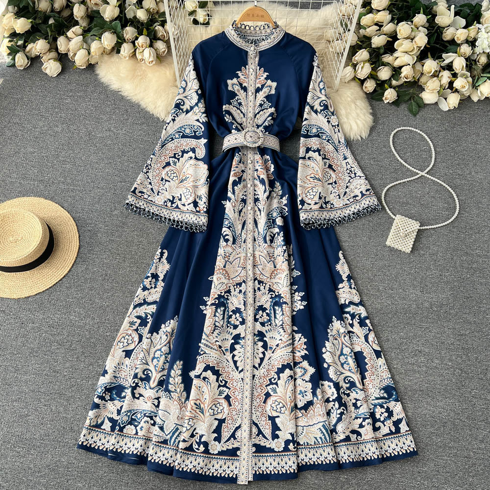 Vintage Print Robe Paisley Maxi Dress Lantern Sleeve