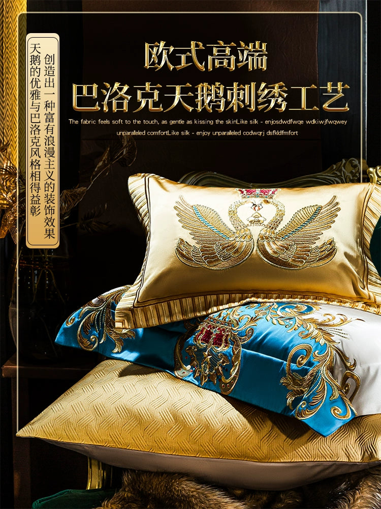 European Luxury Pure Cotton Satin Embroidery Bedding Set 4 - 10 Pieces