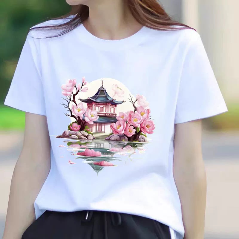 Butterfly Flower Summer Short Sleeve T-shirts Casual Thin Print