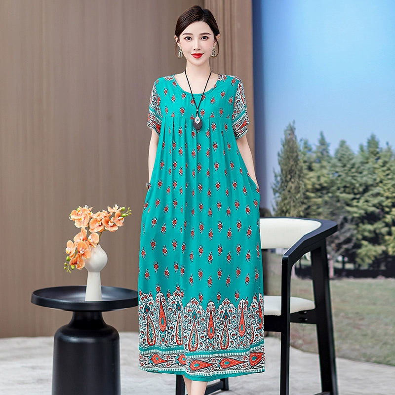 Noble over-the-Knee Middle-Aged Ladieswear Large Swing Noil Poplin Dress