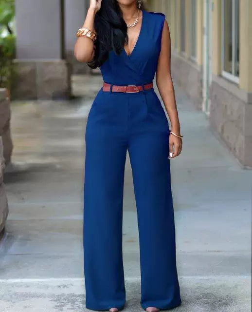 V-neck Wide-leg Pants Irregular Suit With Belt Playsuit