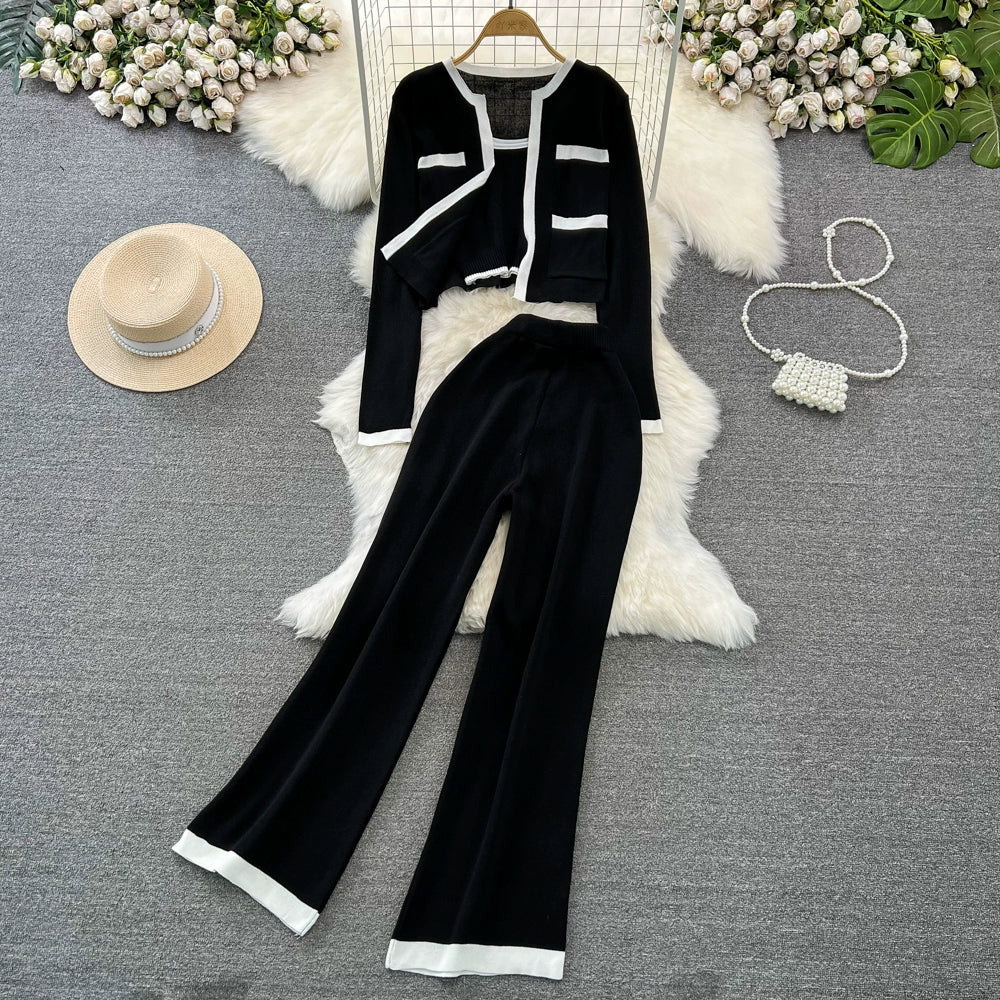 Fashion Suit K-style Long Sleeves Knitting Cardigan Vest Loose Pants Three-Piece Set