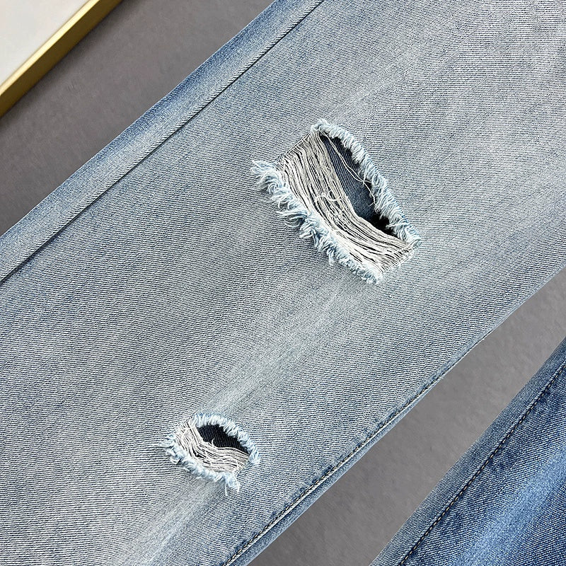 Ripped Wide-Leg Diamond Jeans Female Summer High Waist Loose Slim