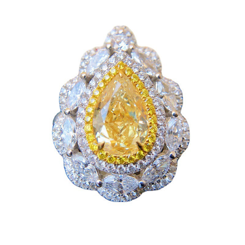 Yellow Diamond Retro Ring Fully-Inlaid Ascut Pear-Shaped