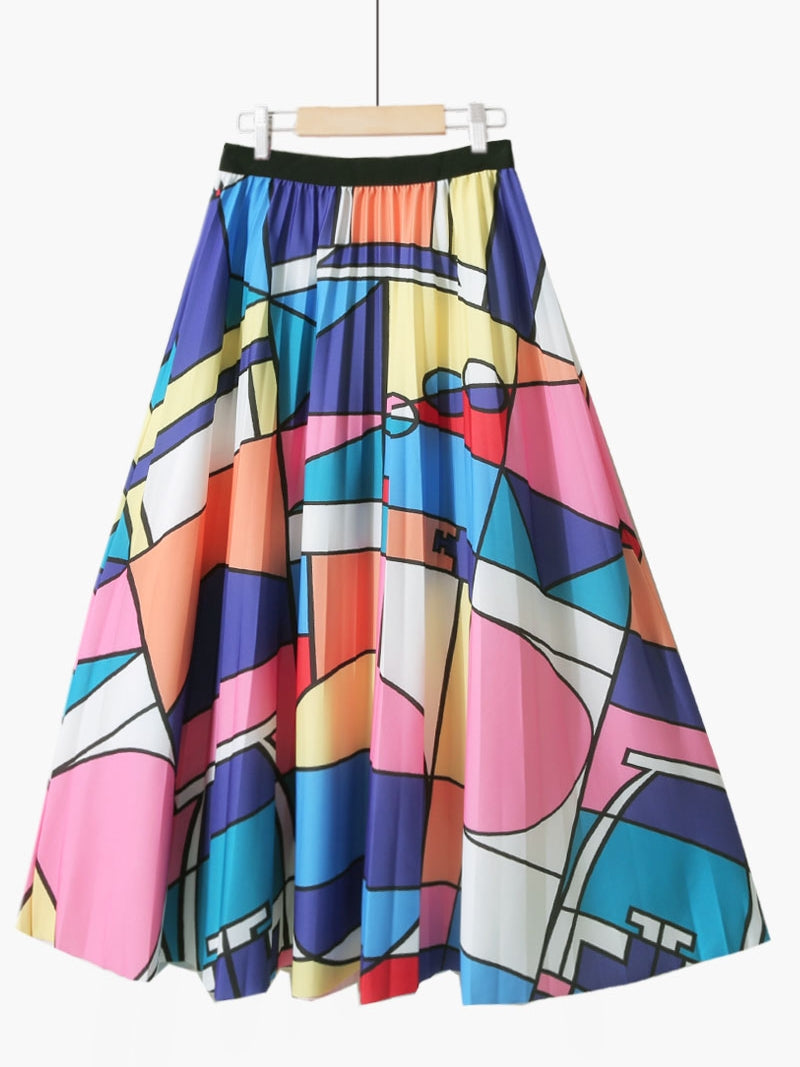 Summer Retro Blue and White Porcelain Printed Mid Length Pleated Skirt