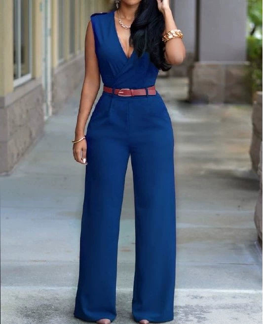 V-neck Wide-leg Pants Irregular Suit With Belt Playsuit
