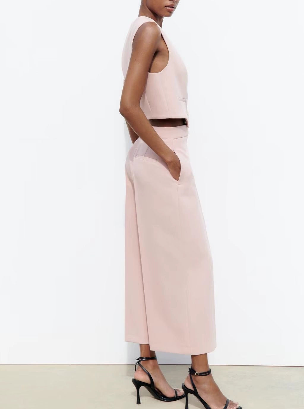 Spring High Waist Loose Pants Pants and Sleeveless V Neck Short Vest