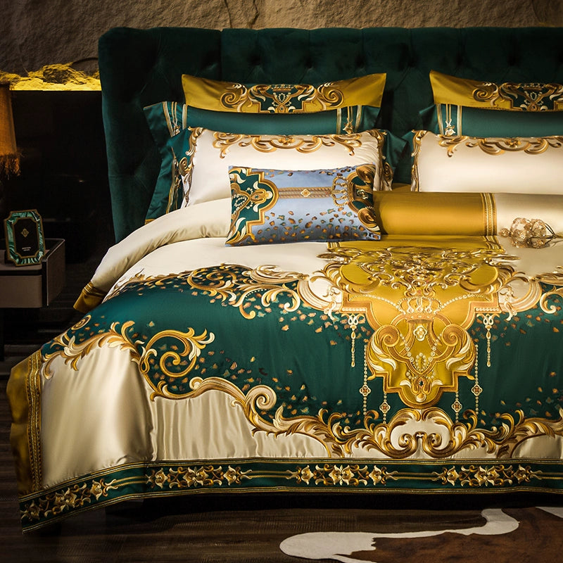 European Luxury Embroidery Palace Pure Cotton Satin Silk Bedding Set 6-10 PCs Set