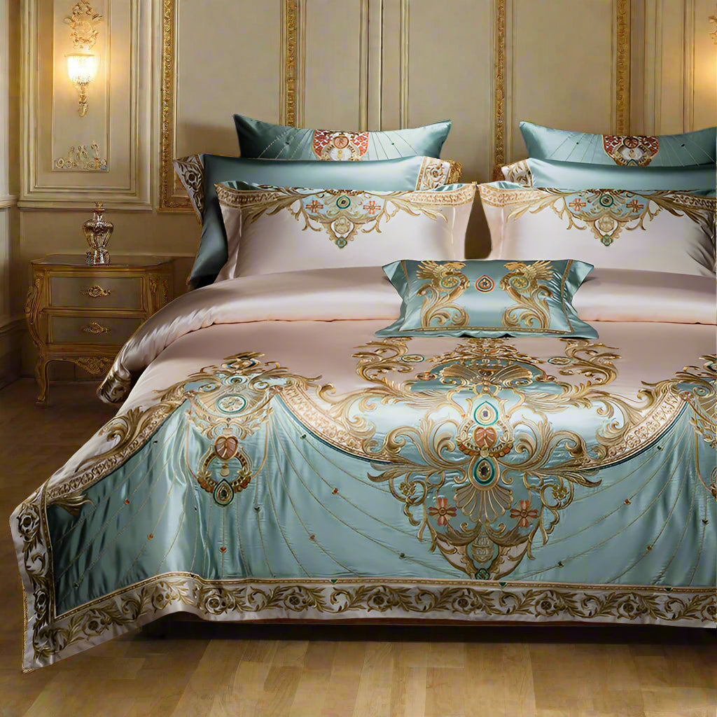 European Luxury Embroidery Palace Pure Cotton Satin Silk Bedding Set 6-10 PCs Set