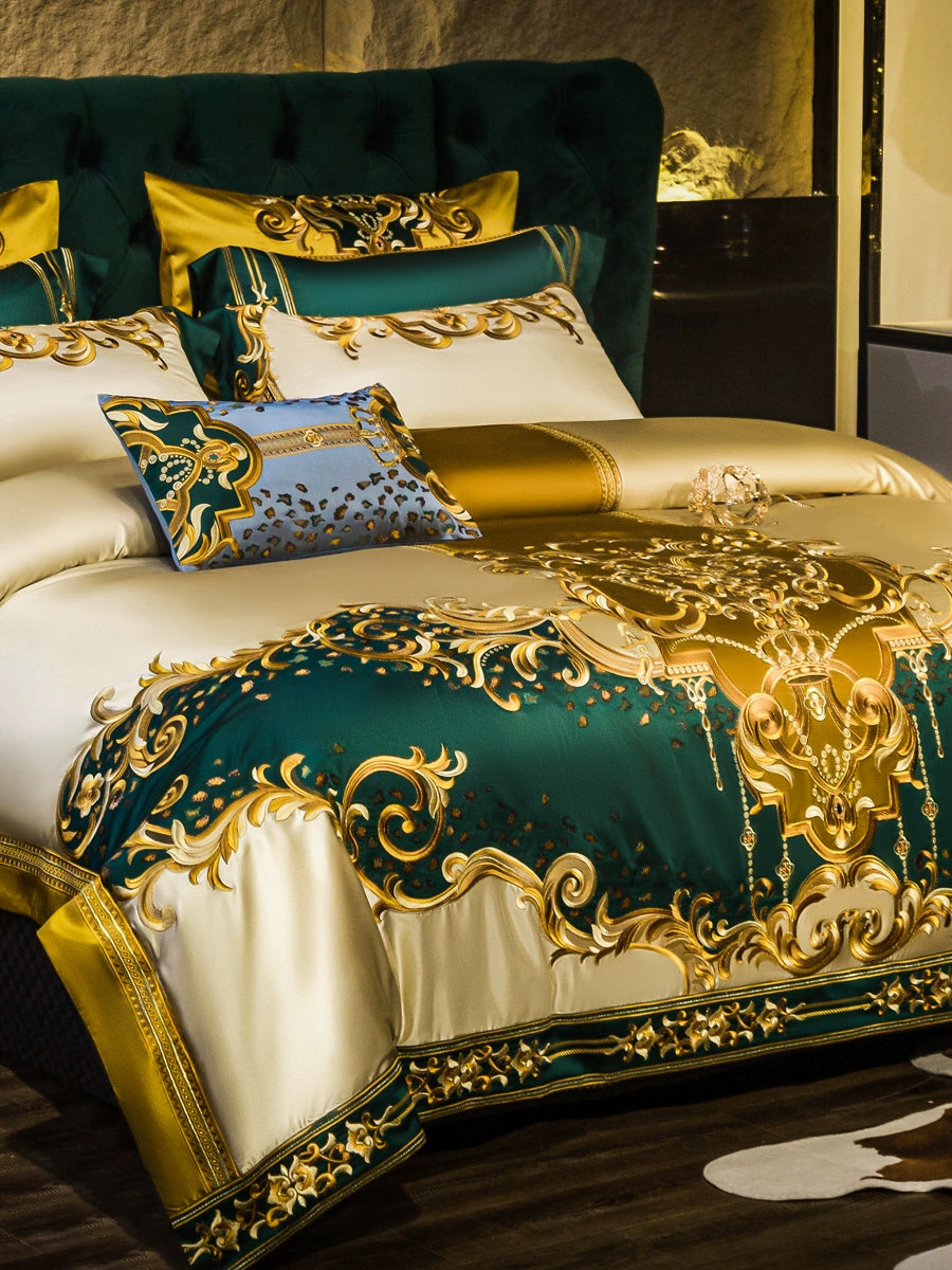 European Luxury Embroidery Palace Pure Cotton Satin Silk Bedding Set 6-10 PCs Set