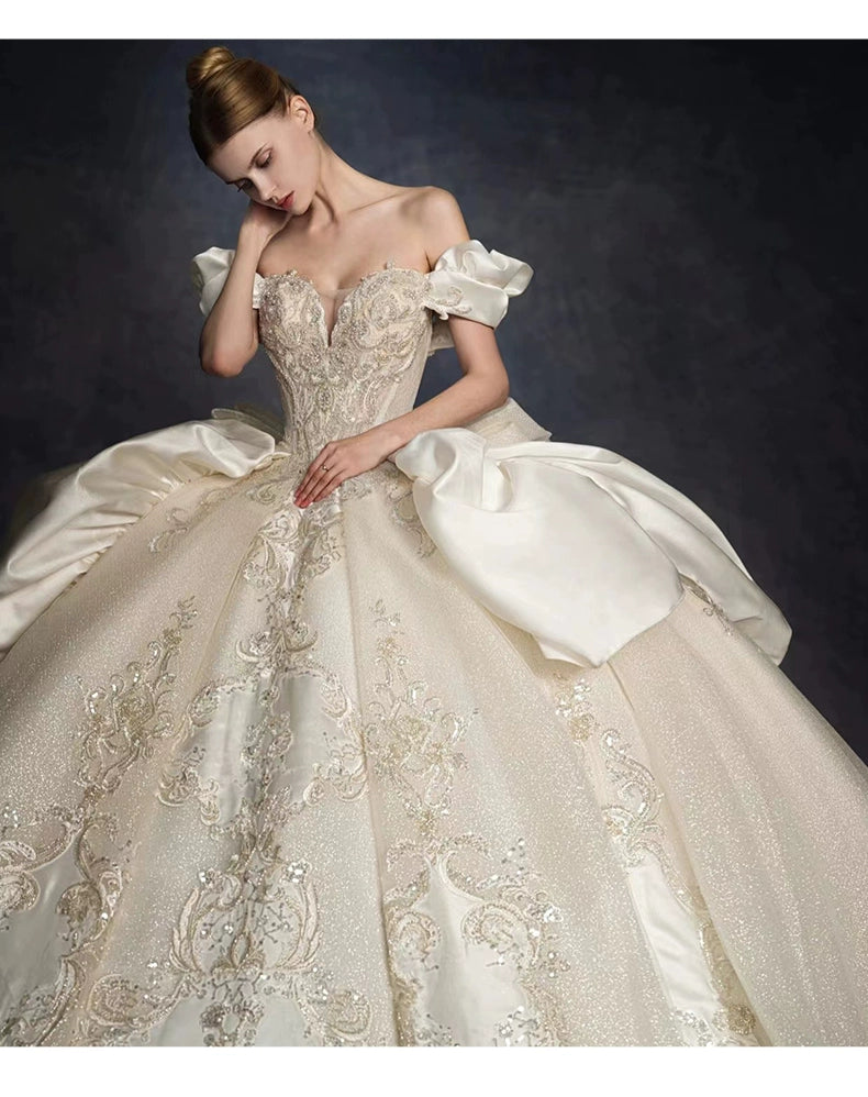 off-Shoulder French Royal Style Retro Wedding Dress