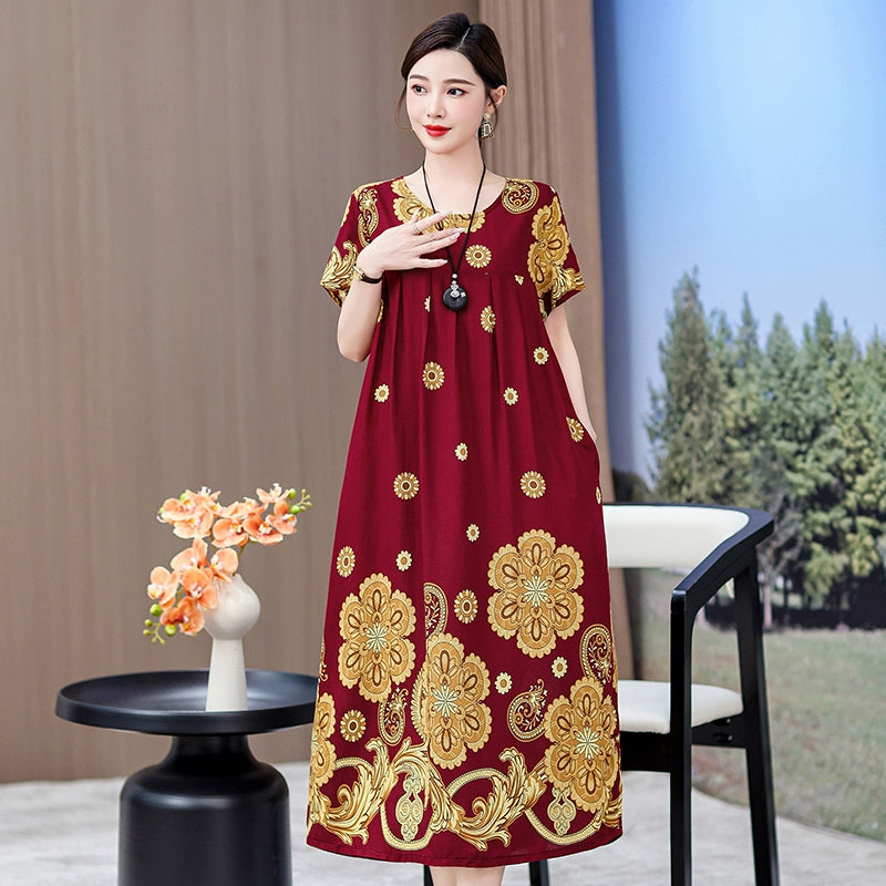 Noble over-the-Knee Middle-Aged Ladieswear Large Swing Noil Poplin Dress