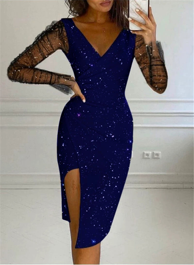 Women's Fashion Rhinestone V Neck Sheath Sexy Mesh Dress