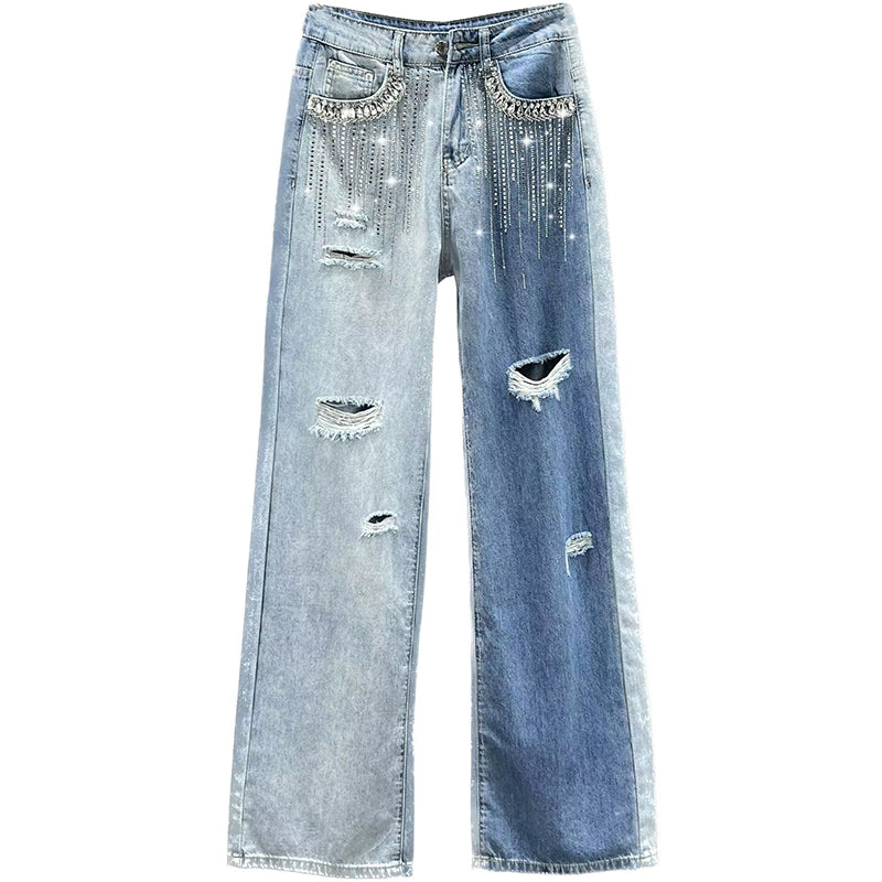Ripped Wide-Leg Diamond Jeans Female Summer High Waist Loose Slim