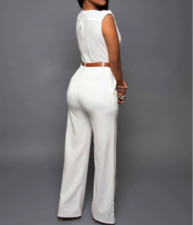 V-neck Wide-leg Pants Irregular Suit With Belt Playsuit