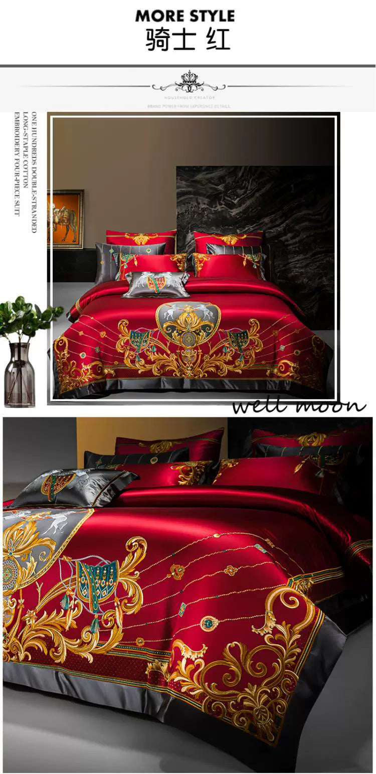 European Luxury Embroidery Palace Pure Cotton Satin Silk Bedding Set 6-10 PCs Set